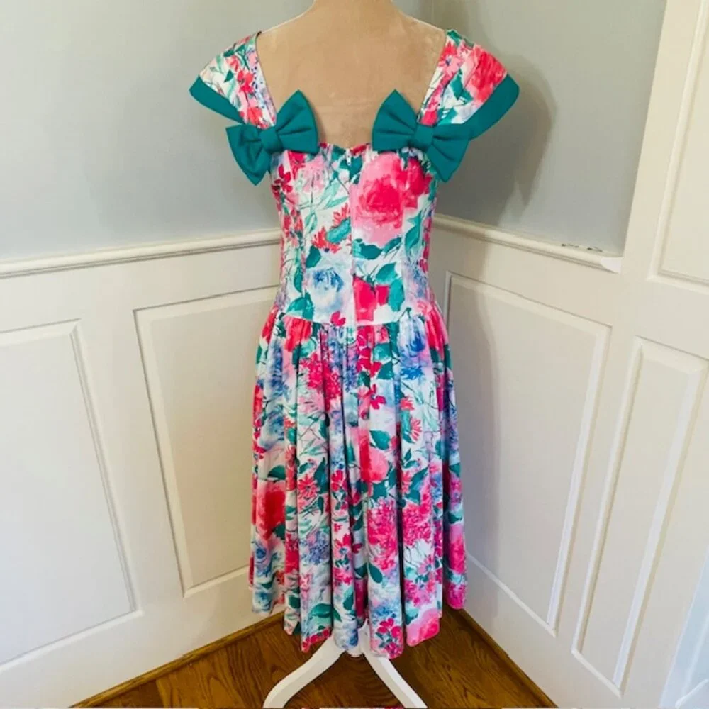 Vintage Leslie Lucks Petite Floral Cottagecore Dress Fit & Flare Bows 80's Small - Picture 5 of 8